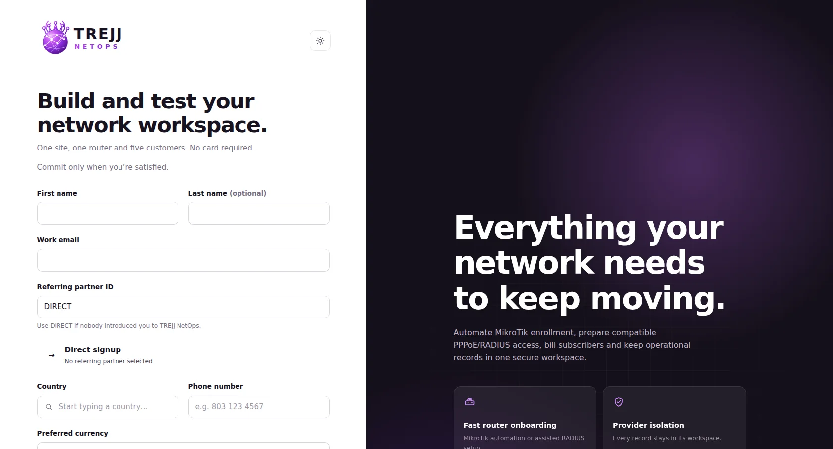 TREJJ NetOps account and security screen