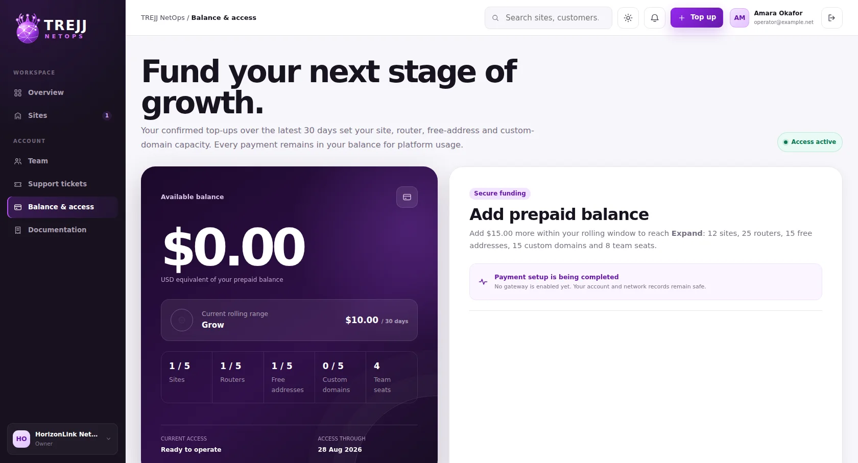 Prepaid balance and access page