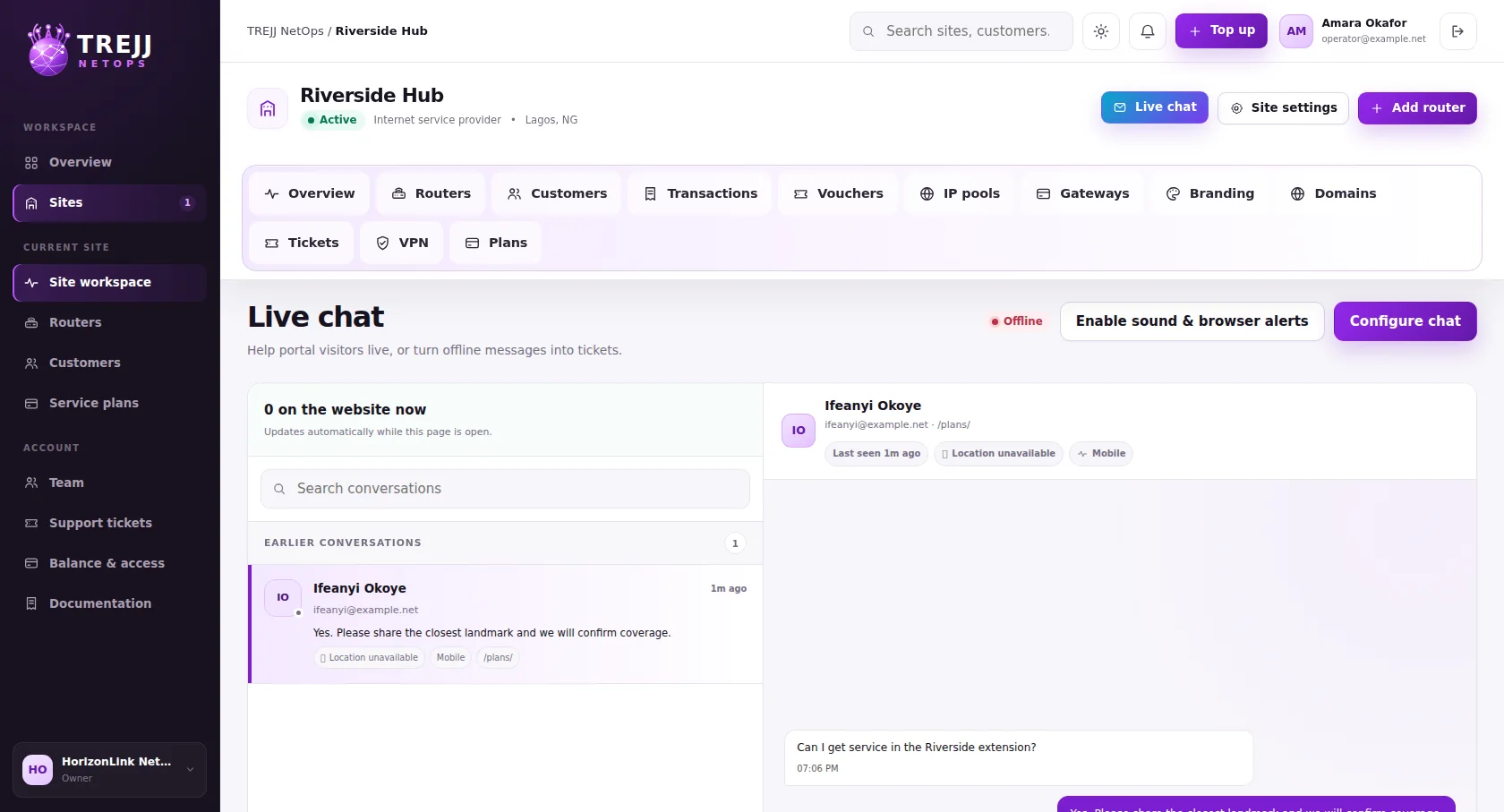 Operator live chat workspace