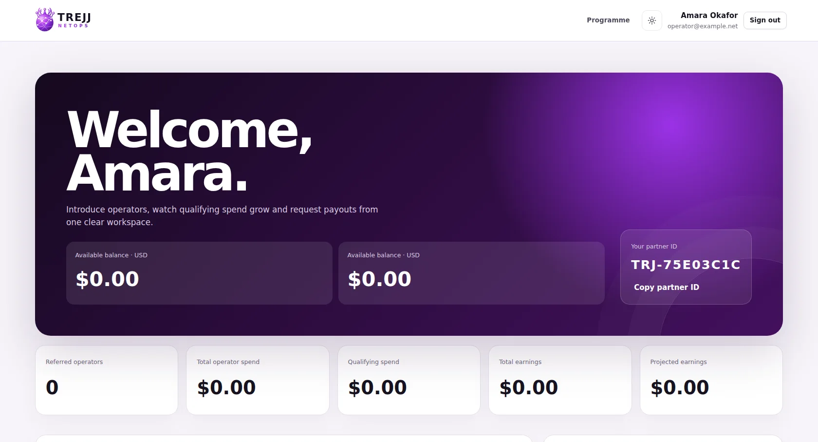 TREJJ NetOps partner earnings dashboard