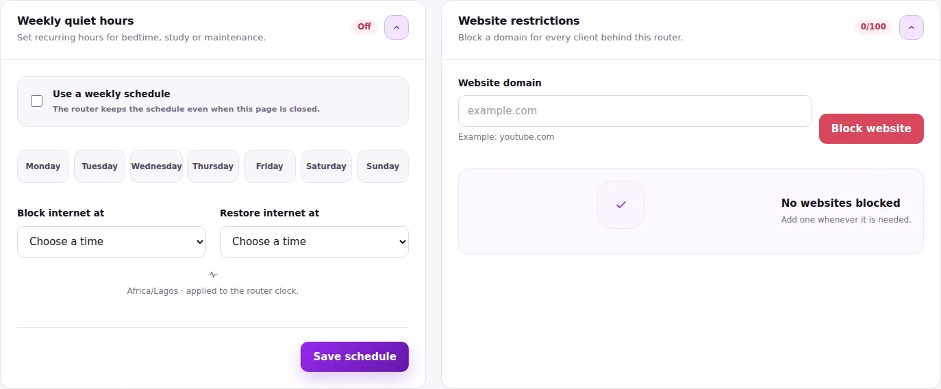 Parent controls with internet pause, quiet hours and website restrictions