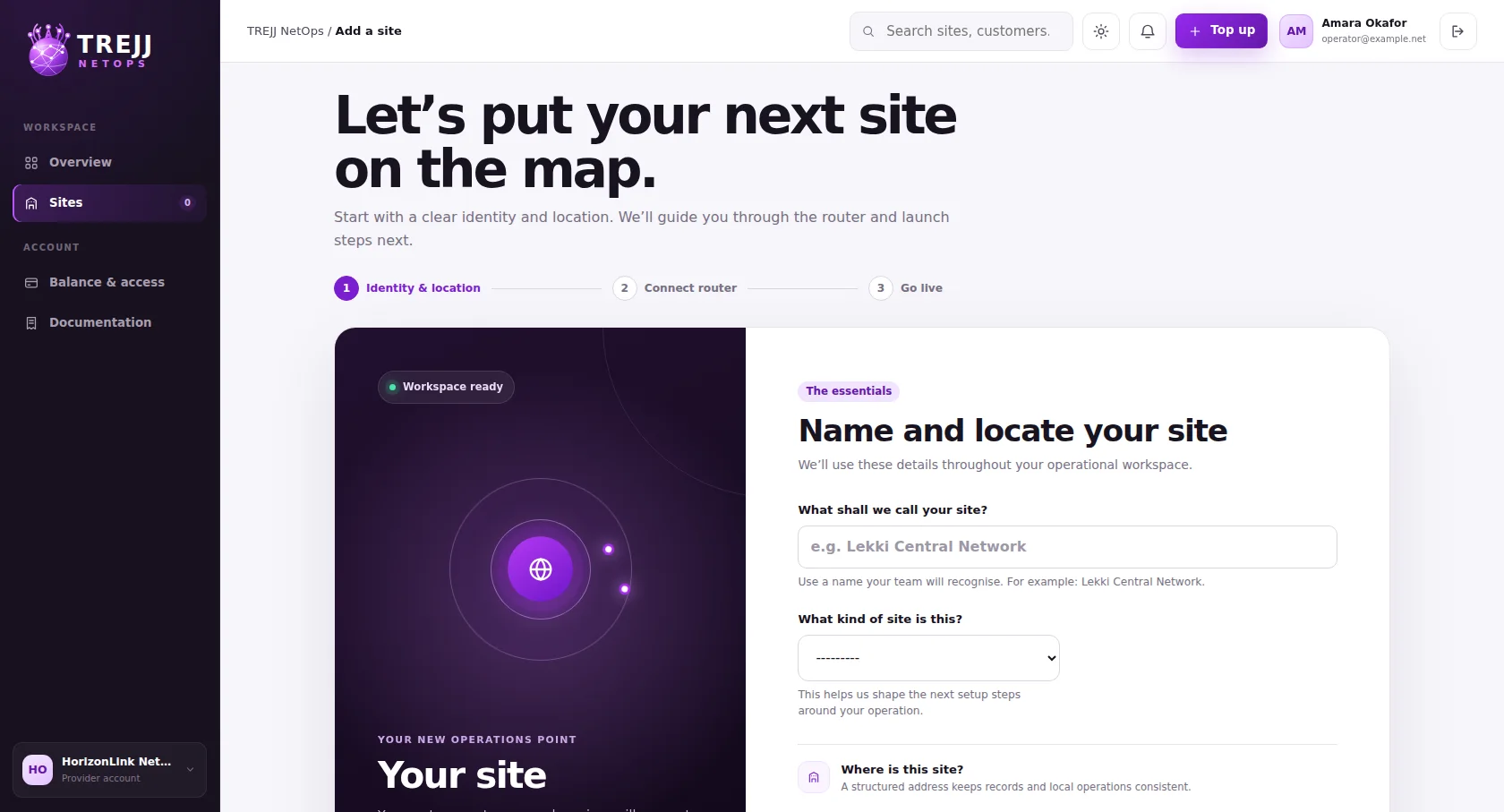 Add a site form in TREJJ NetOps