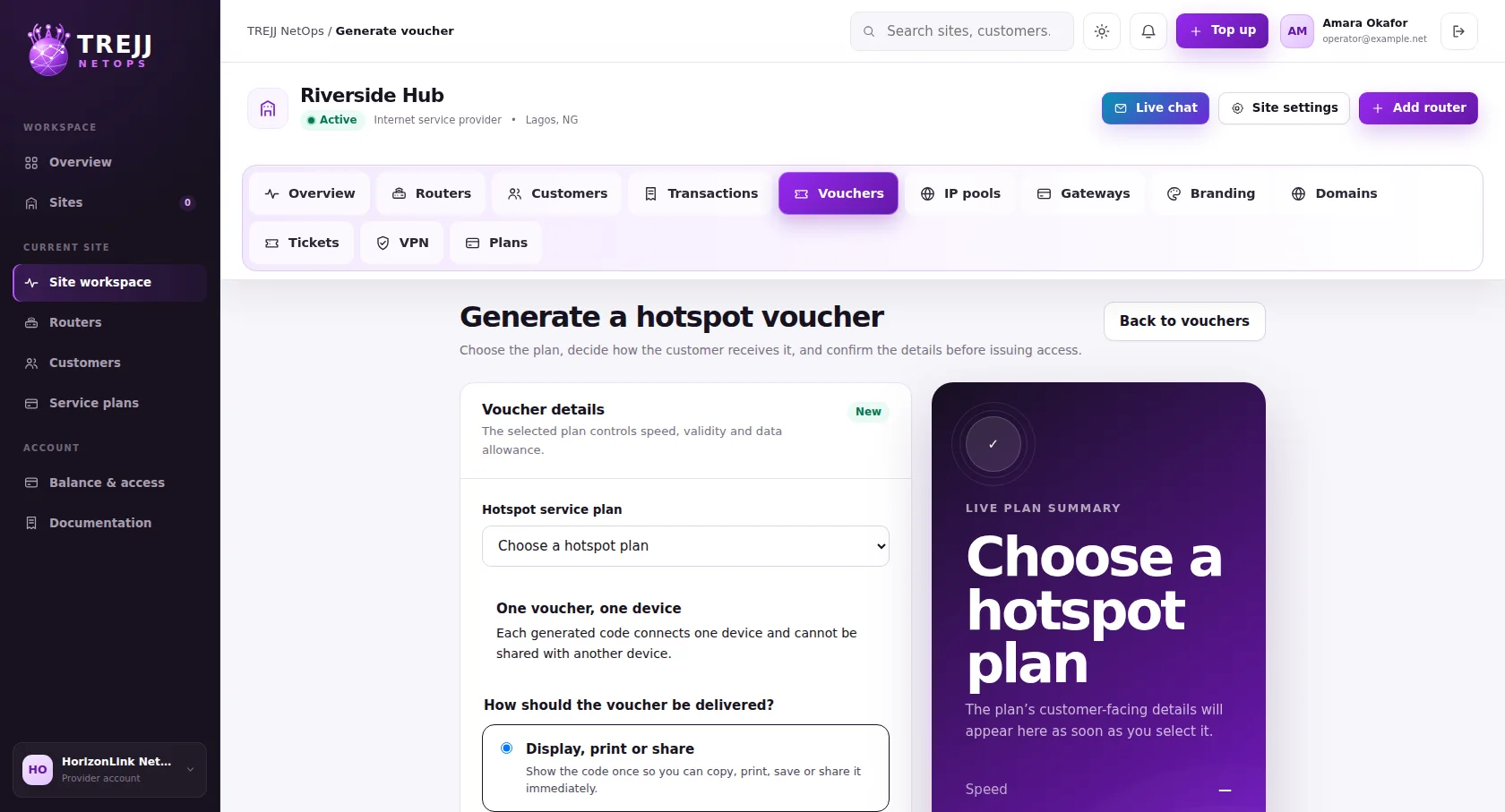 Hotspot voucher overview and live usage