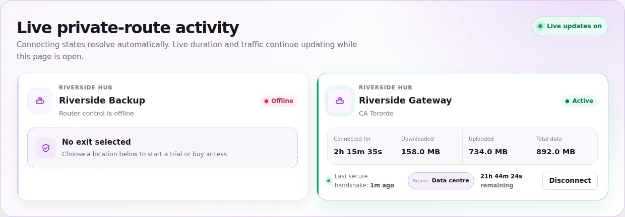 Active VPN router session with location, duration, traffic and expiry