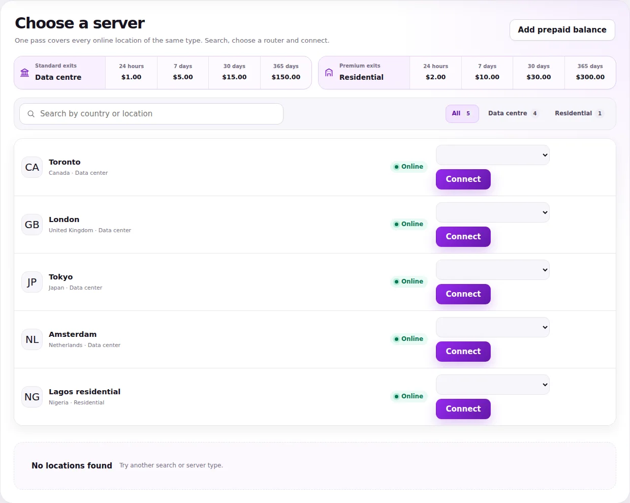 Searchable VPN locations with Data centre and Residential pricing